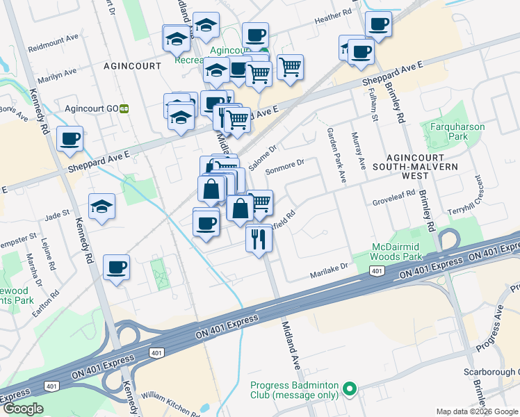 map of restaurants, bars, coffee shops, grocery stores, and more near 20 Sonmore Drive in Toronto