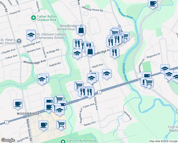 map of restaurants, bars, coffee shops, grocery stores, and more near 7876 Kipling Avenue in Vaughan