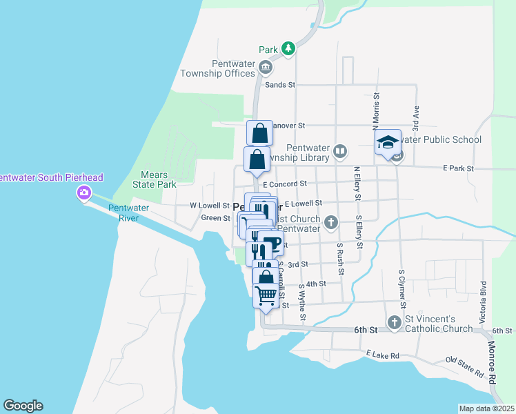 map of restaurants, bars, coffee shops, grocery stores, and more near in Pentwater