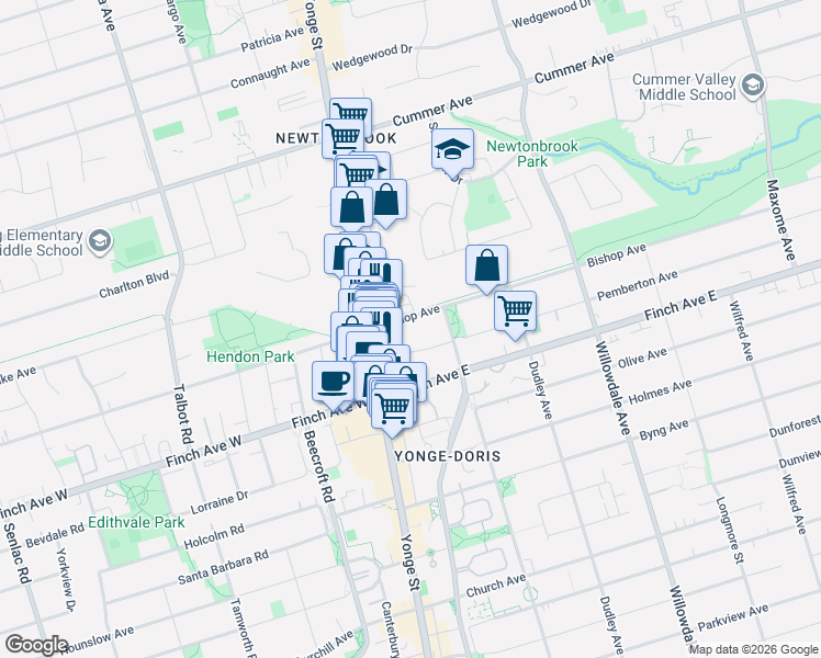 map of restaurants, bars, coffee shops, grocery stores, and more near 7 Bishop Avenue in Toronto