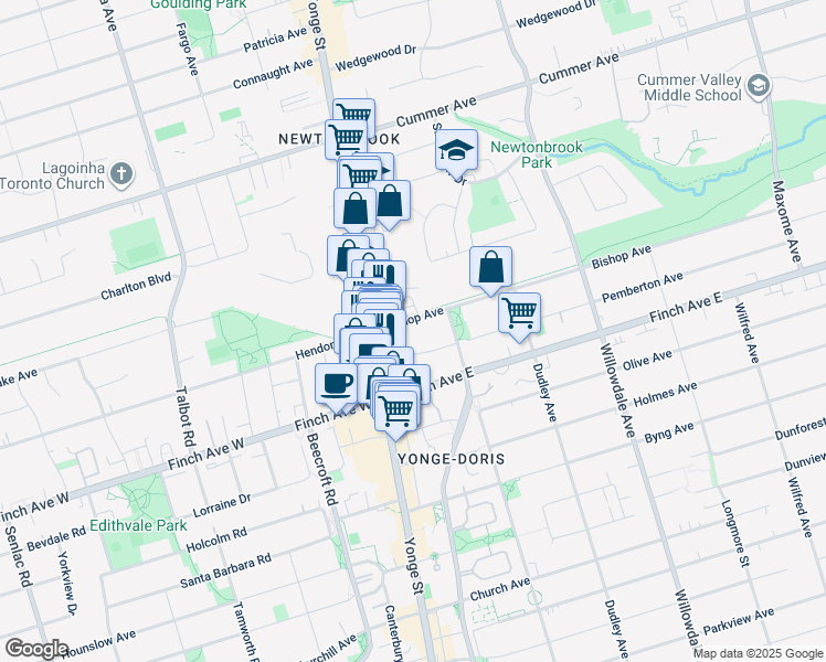 map of restaurants, bars, coffee shops, grocery stores, and more near 7 Bishop Avenue in Toronto