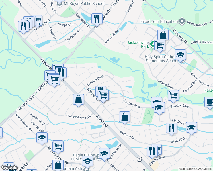 map of restaurants, bars, coffee shops, grocery stores, and more near 27 Rushbrook Drive in Brampton