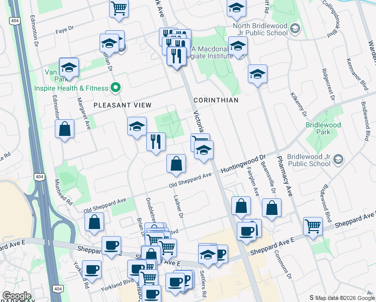 map of restaurants, bars, coffee shops, grocery stores, and more near in Toronto