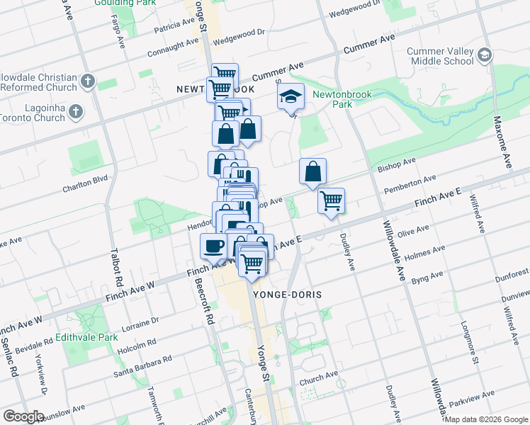 map of restaurants, bars, coffee shops, grocery stores, and more near in Toronto