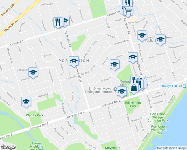 map of restaurants, bars, coffee shops, grocery stores, and more near 36 Langevin Crescent in Toronto