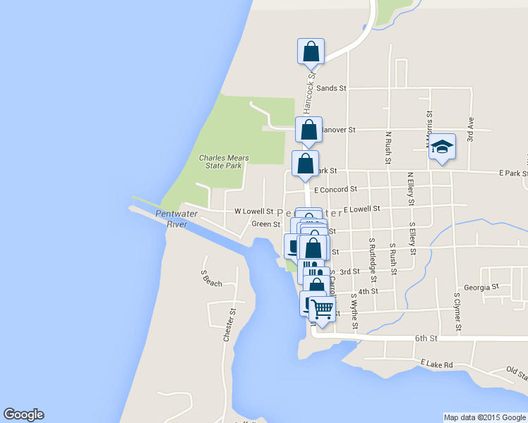map of restaurants, bars, coffee shops, grocery stores, and more near 0 Plymouth in Pentwater