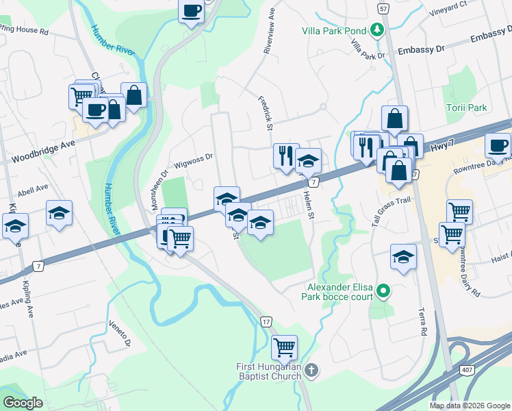 map of restaurants, bars, coffee shops, grocery stores, and more near 34 George Bogg Road in Vaughan