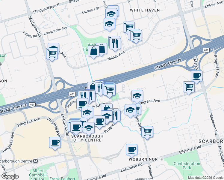 map of restaurants, bars, coffee shops, grocery stores, and more near 36 Lee Centre Drive in Toronto