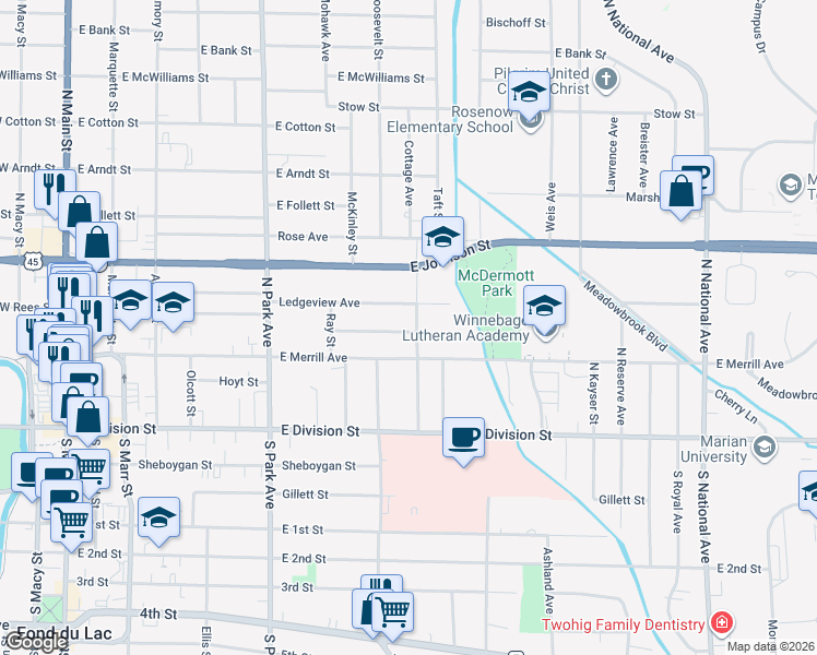 map of restaurants, bars, coffee shops, grocery stores, and more near 340 Ledgeview Avenue in Fond du Lac