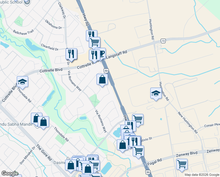 map of restaurants, bars, coffee shops, grocery stores, and more near 63 Zia Dodda Crescent in Brampton