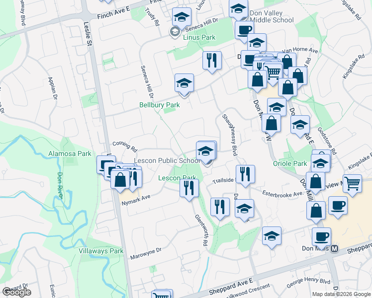 map of restaurants, bars, coffee shops, grocery stores, and more near 86 Nymark Avenue in Toronto