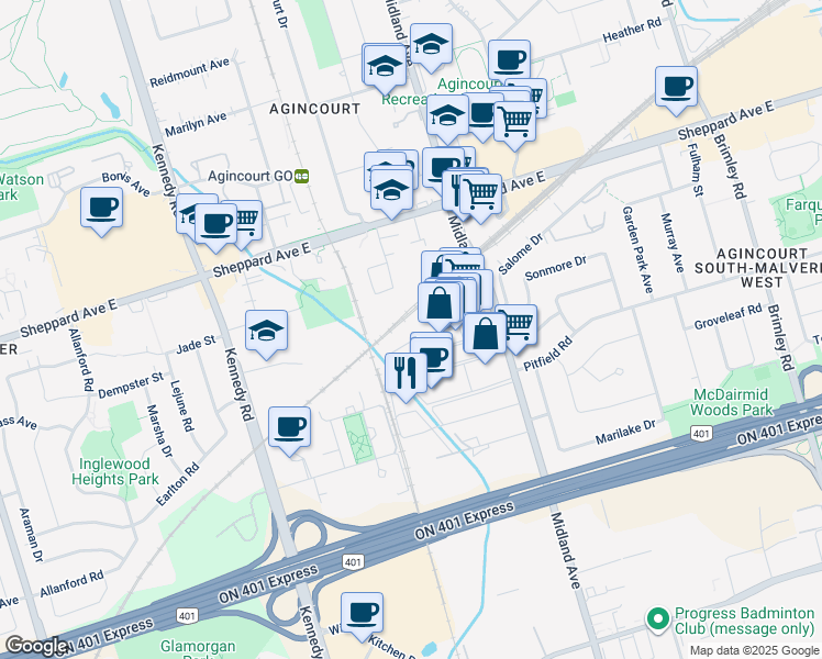 map of restaurants, bars, coffee shops, grocery stores, and more near in Toronto