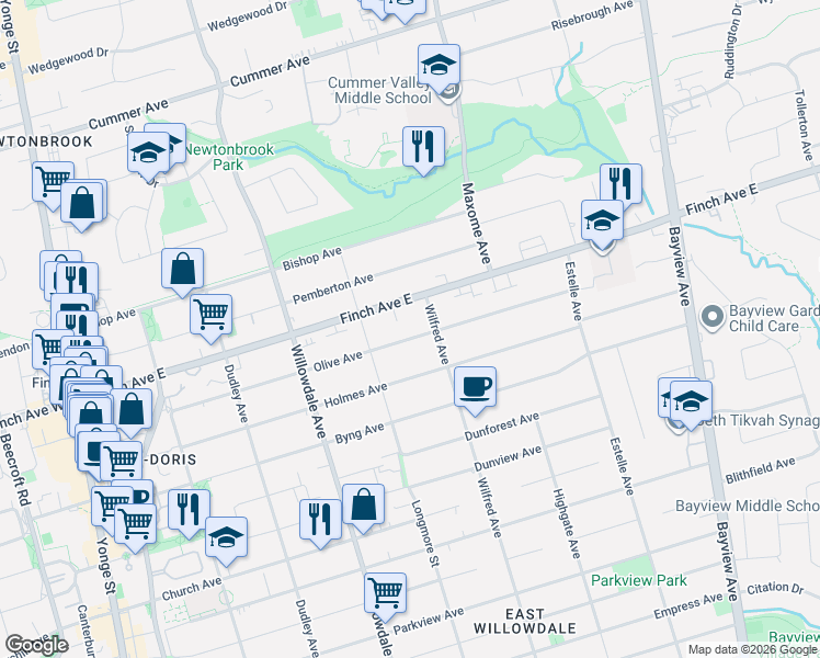 map of restaurants, bars, coffee shops, grocery stores, and more near in Toronto