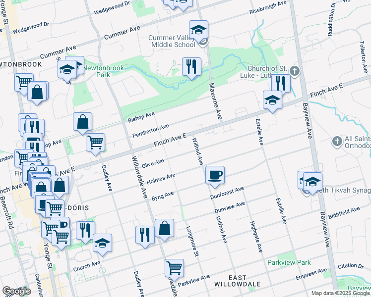 map of restaurants, bars, coffee shops, grocery stores, and more near in Toronto