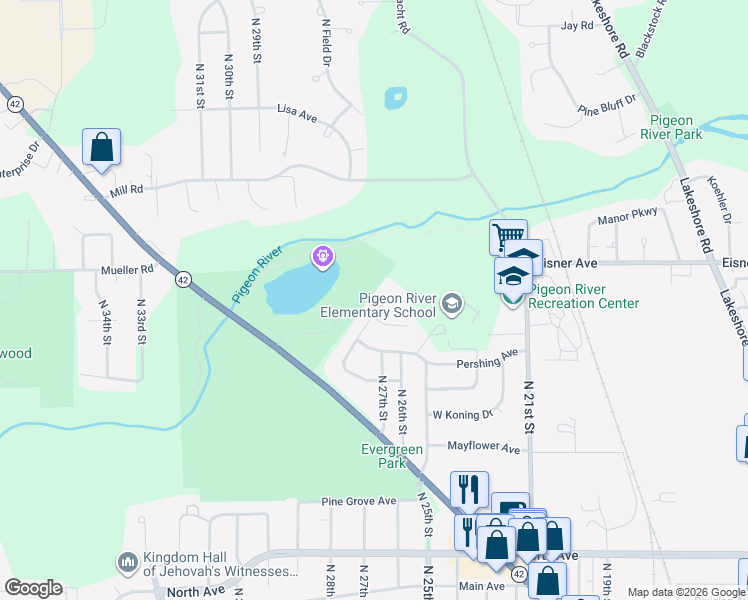 map of restaurants, bars, coffee shops, grocery stores, and more near 2708 Eisner Avenue in Sheboygan