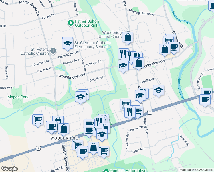 map of restaurants, bars, coffee shops, grocery stores, and more near 26 Houston Road in Vaughan