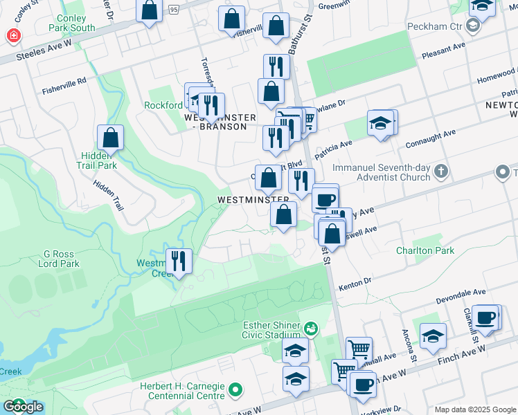 map of restaurants, bars, coffee shops, grocery stores, and more near 94 Plum Tree Way in Toronto
