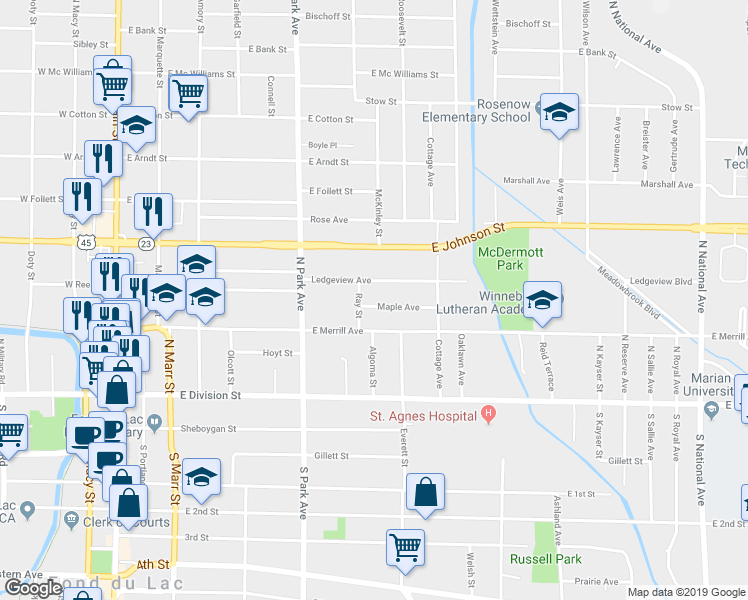 map of restaurants, bars, coffee shops, grocery stores, and more near 289 Maple Avenue in Fond du Lac