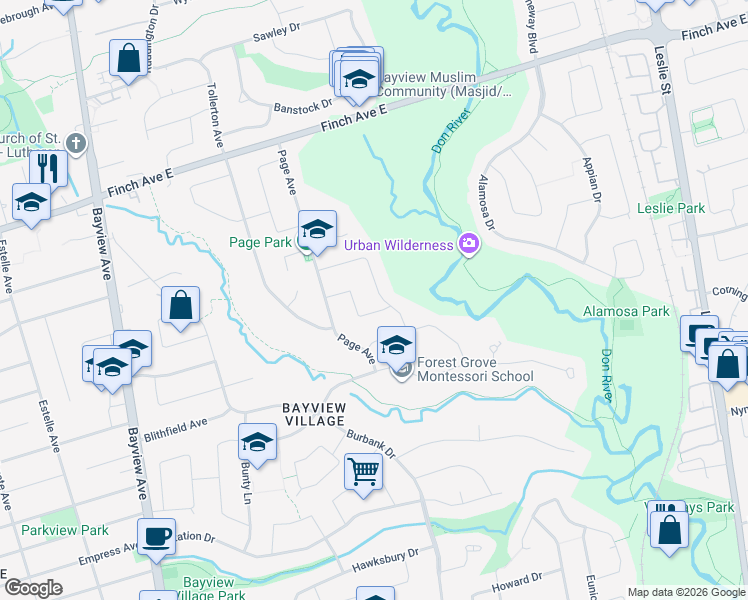 map of restaurants, bars, coffee shops, grocery stores, and more near 14 Viamede Crescent in Toronto
