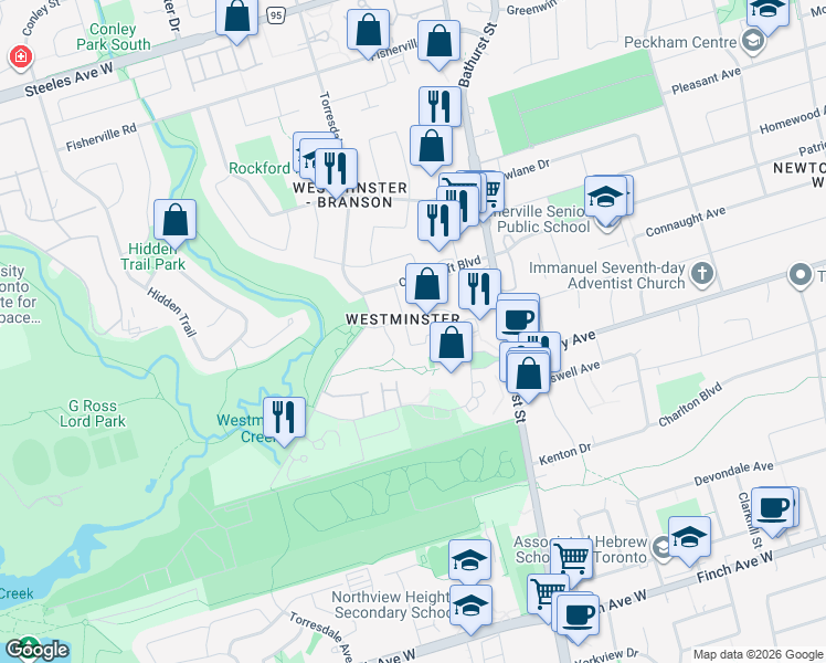 map of restaurants, bars, coffee shops, grocery stores, and more near in Toronto