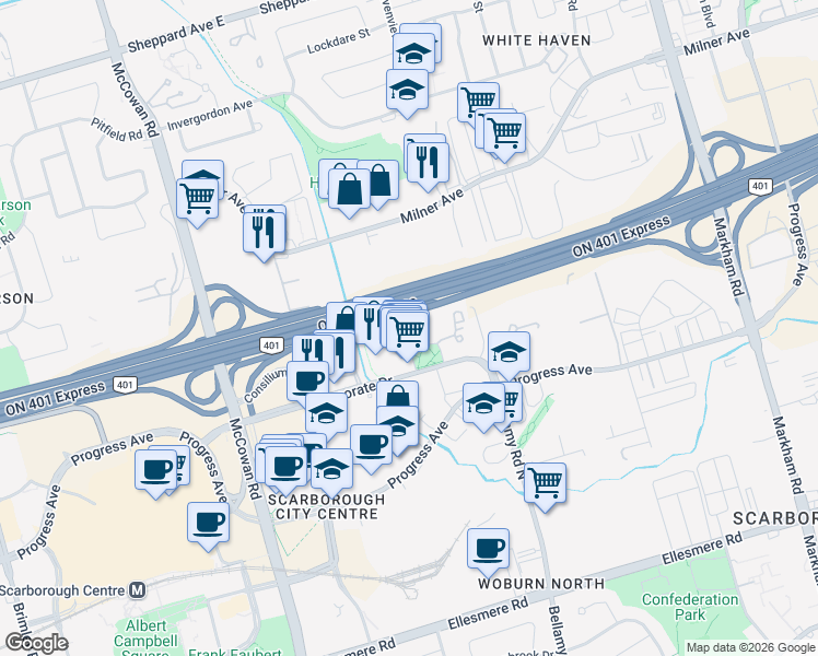 map of restaurants, bars, coffee shops, grocery stores, and more near 36 Lee Centre Drive in Toronto