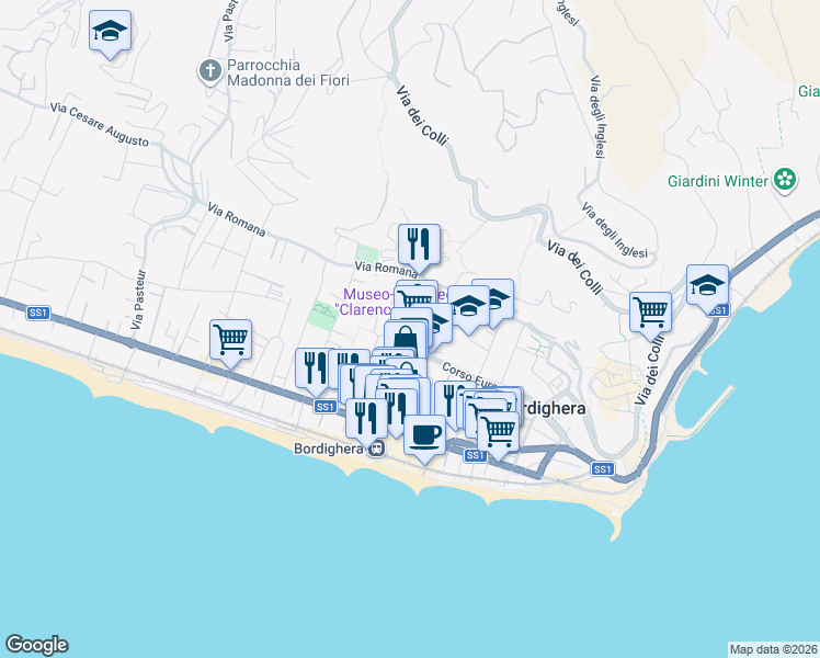 map of restaurants, bars, coffee shops, grocery stores, and more near 1 Via Alessandro Manzoni in Bordighera