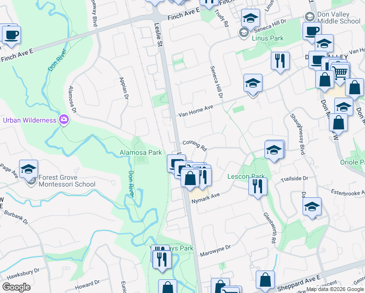 map of restaurants, bars, coffee shops, grocery stores, and more near in Toronto