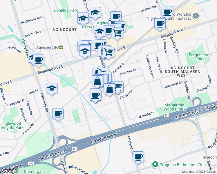 map of restaurants, bars, coffee shops, grocery stores, and more near 116 Weybright Court in Toronto