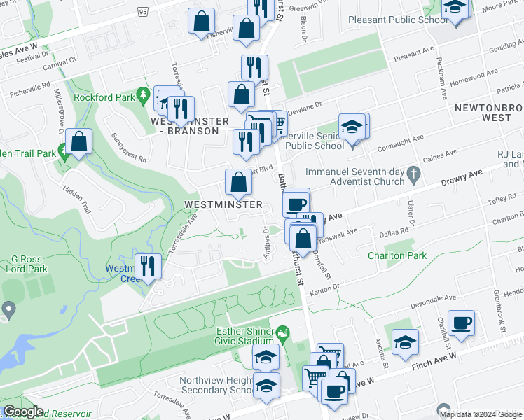 map of restaurants, bars, coffee shops, grocery stores, and more near 165 Antibes Drive in Toronto