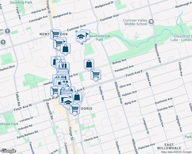 map of restaurants, bars, coffee shops, grocery stores, and more near 82 Pemberton Avenue in Toronto