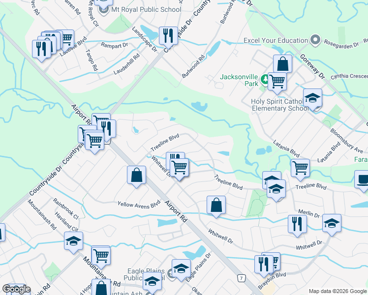 map of restaurants, bars, coffee shops, grocery stores, and more near 27 Rushbrook Drive in Brampton