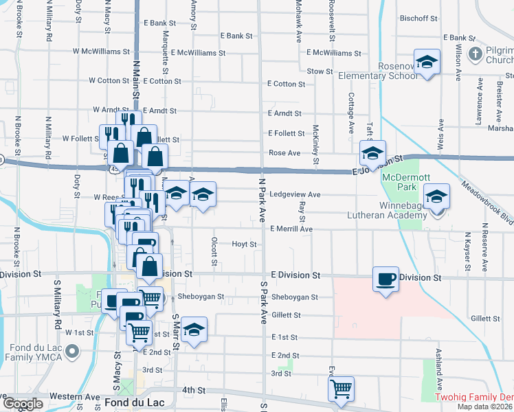 map of restaurants, bars, coffee shops, grocery stores, and more near 182 East Rees Street in Fond du Lac