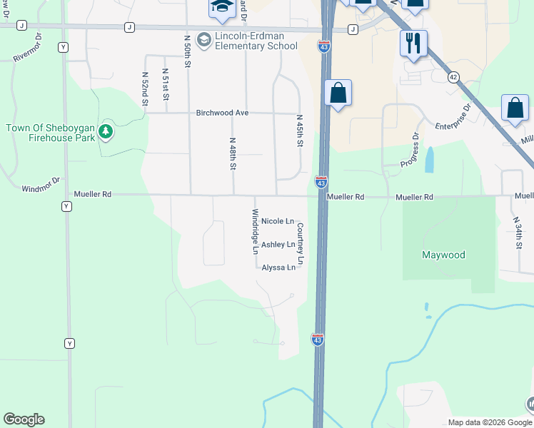 map of restaurants, bars, coffee shops, grocery stores, and more near 4616 Nicole Lane in Sheboygan