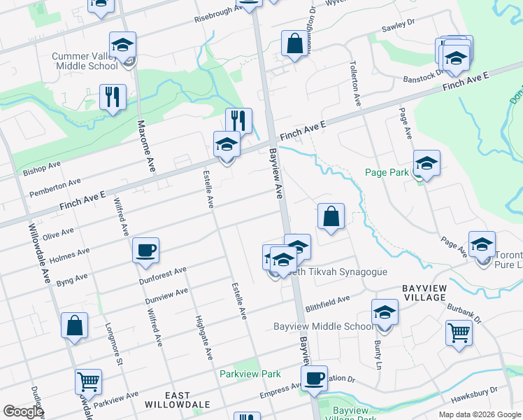 map of restaurants, bars, coffee shops, grocery stores, and more near 342 Byng Avenue in Toronto