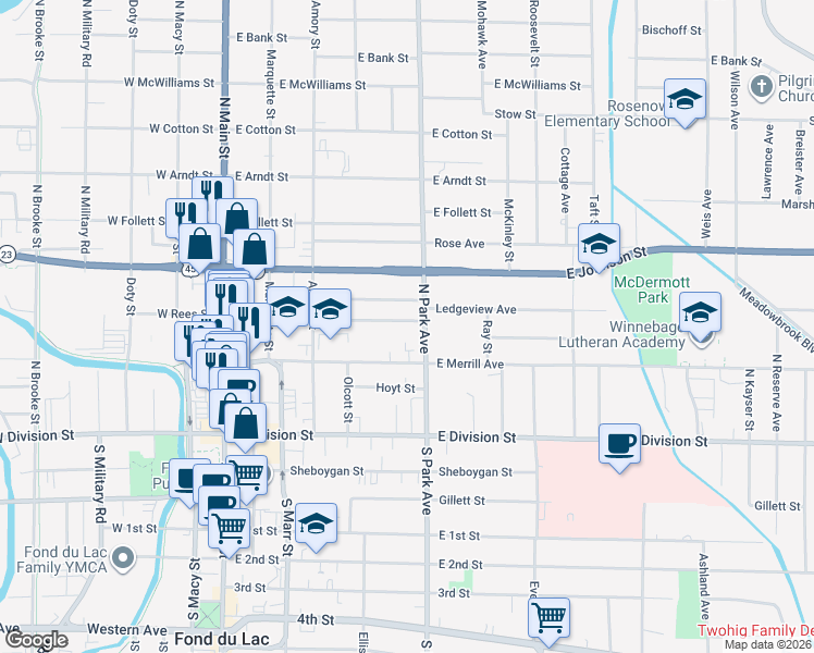 map of restaurants, bars, coffee shops, grocery stores, and more near 182 East Rees Street in Fond du Lac