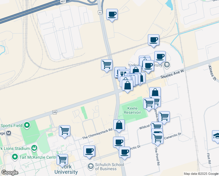 map of restaurants, bars, coffee shops, grocery stores, and more near 2300 Steeles Avenue West in Vaughan