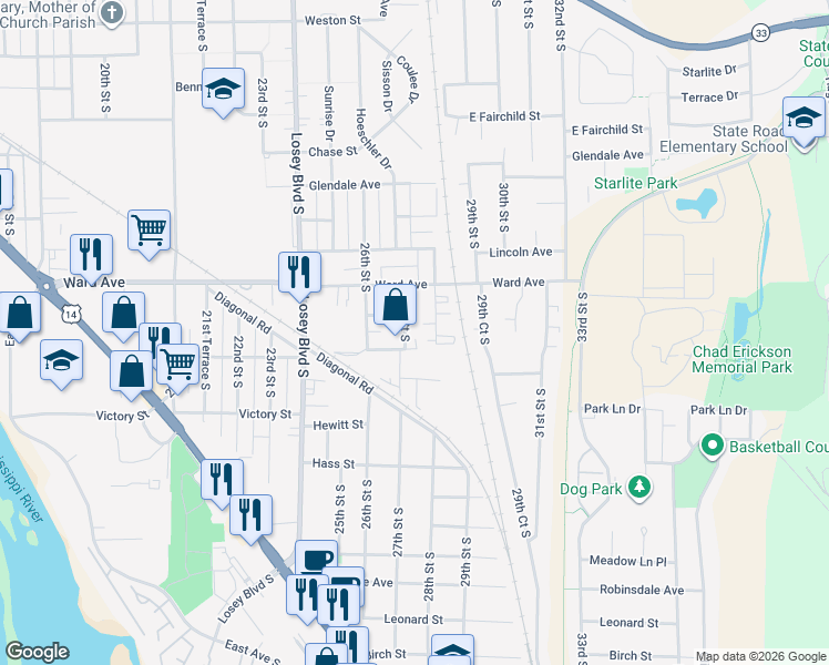 map of restaurants, bars, coffee shops, grocery stores, and more near 2819 27th Street South in La Crosse