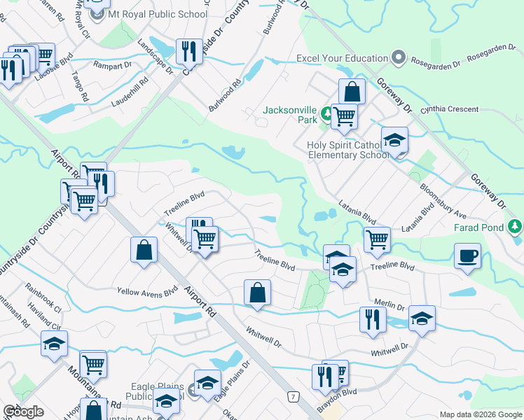 map of restaurants, bars, coffee shops, grocery stores, and more near 38 Maltby Court in Brampton