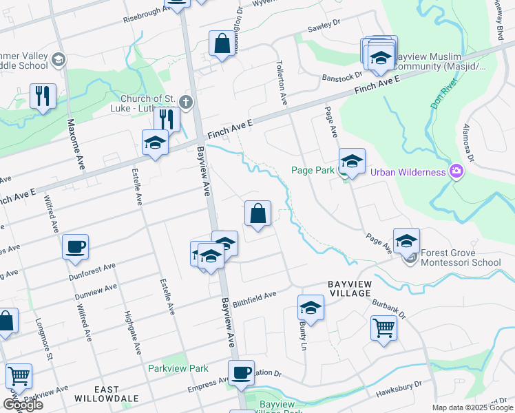 map of restaurants, bars, coffee shops, grocery stores, and more near 217 Burbank Drive in Toronto
