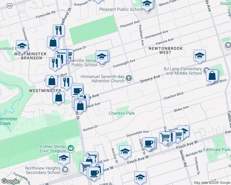 map of restaurants, bars, coffee shops, grocery stores, and more near 435 Drewry Avenue in Toronto