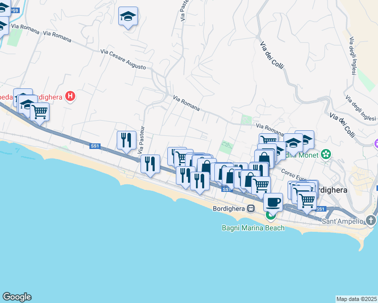 map of restaurants, bars, coffee shops, grocery stores, and more near 6A Via Villafranca in Bordighera
