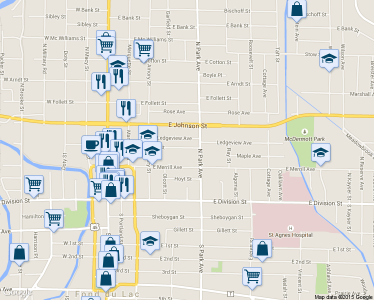 map of restaurants, bars, coffee shops, grocery stores, and more near 182 E Rees St in Fond du Lac