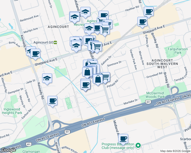 map of restaurants, bars, coffee shops, grocery stores, and more near 116 Weybright Court in Toronto