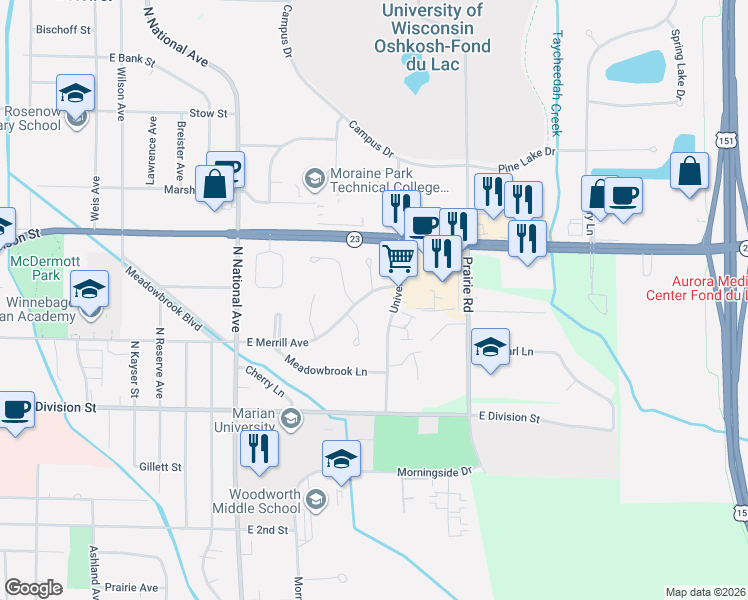 map of restaurants, bars, coffee shops, grocery stores, and more near 824 East Merrill Avenue in Fond du Lac