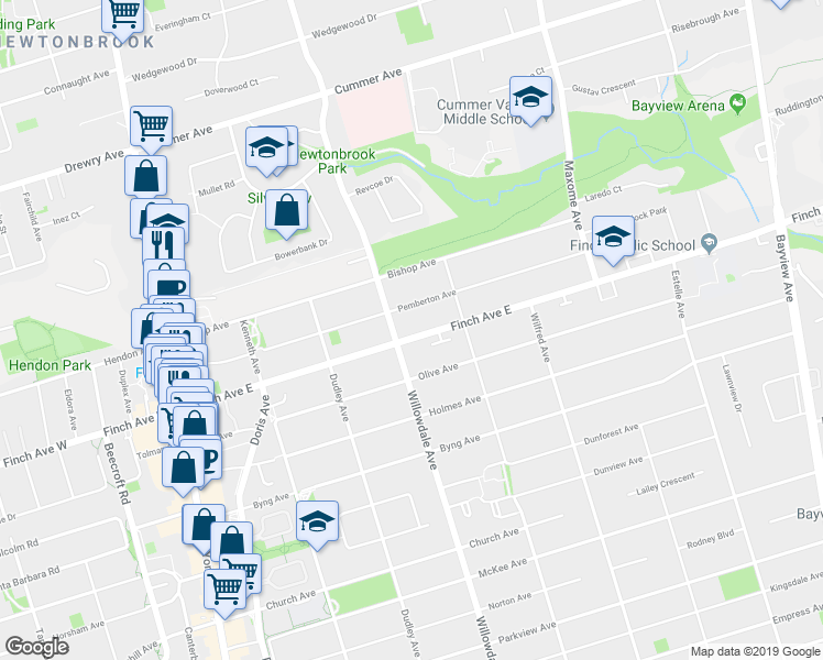 map of restaurants, bars, coffee shops, grocery stores, and more near in Toronto