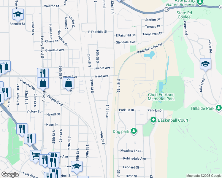 map of restaurants, bars, coffee shops, grocery stores, and more near 2950 33rd Street South in La Crosse