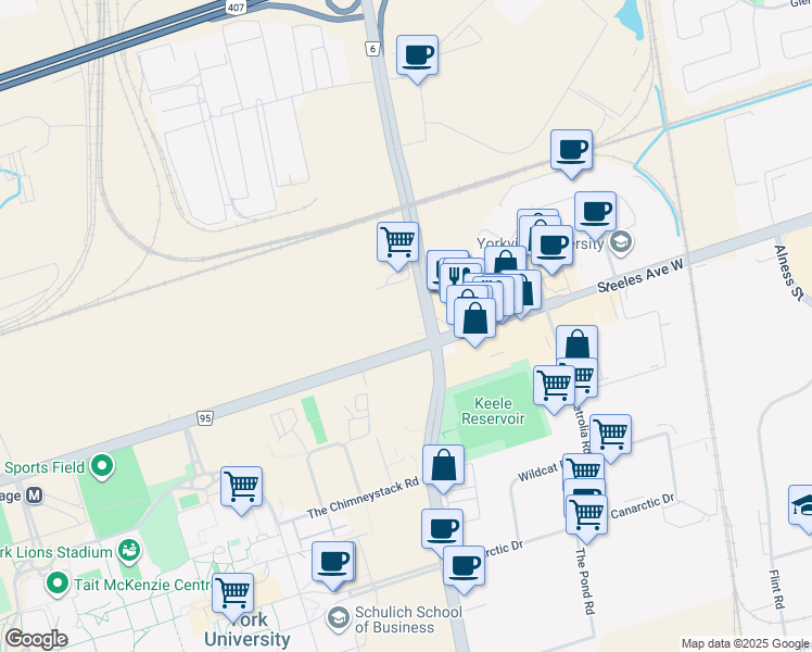 map of restaurants, bars, coffee shops, grocery stores, and more near 2300 Steeles Avenue West in Vaughan