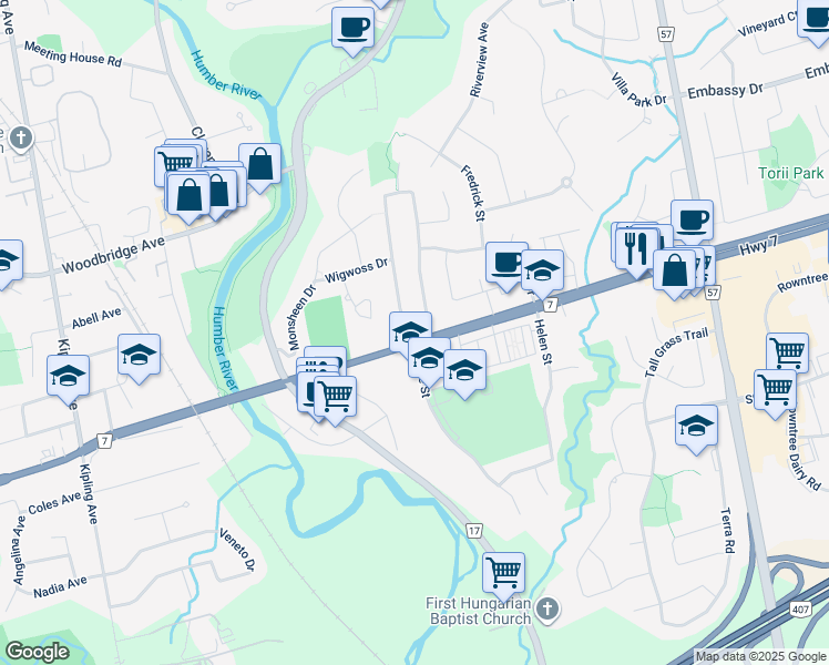 map of restaurants, bars, coffee shops, grocery stores, and more near in Vaughan