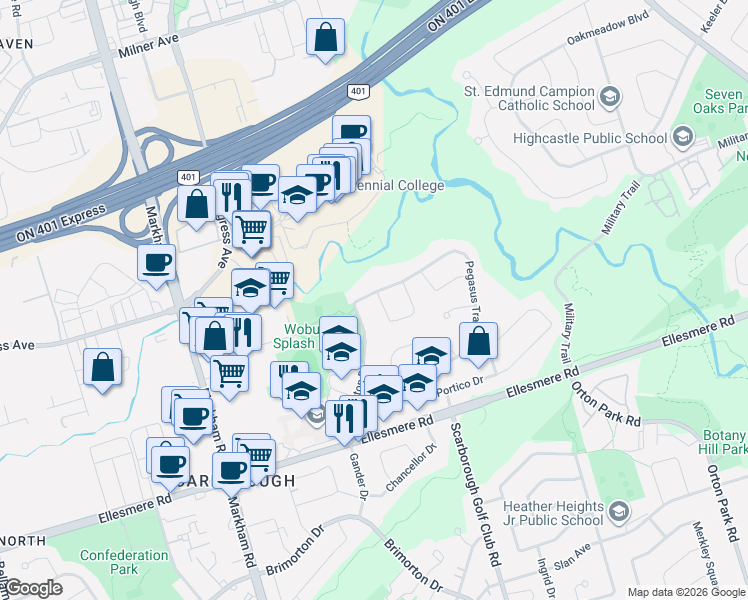 map of restaurants, bars, coffee shops, grocery stores, and more near 132 Pegasus Trail in Toronto