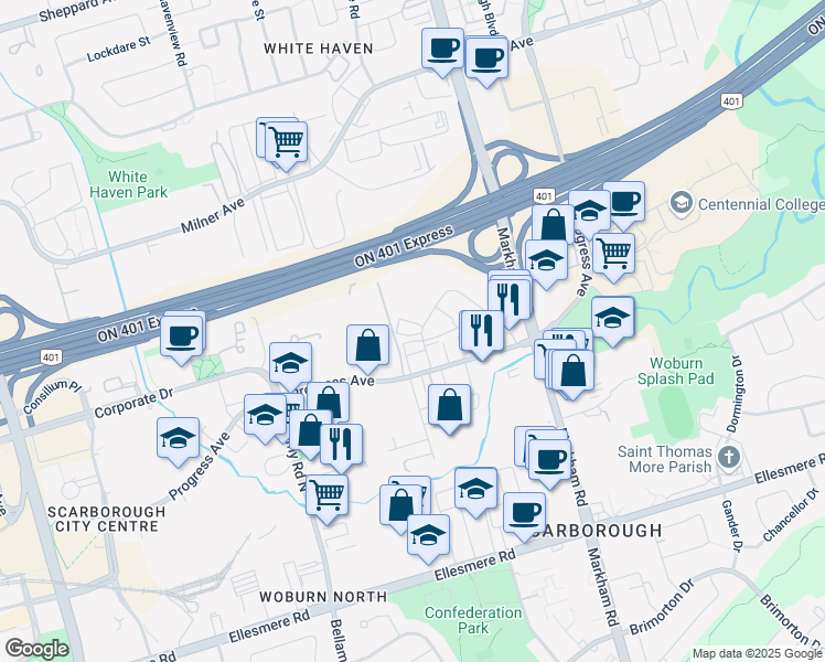 map of restaurants, bars, coffee shops, grocery stores, and more near 16 Estate Drive in Toronto